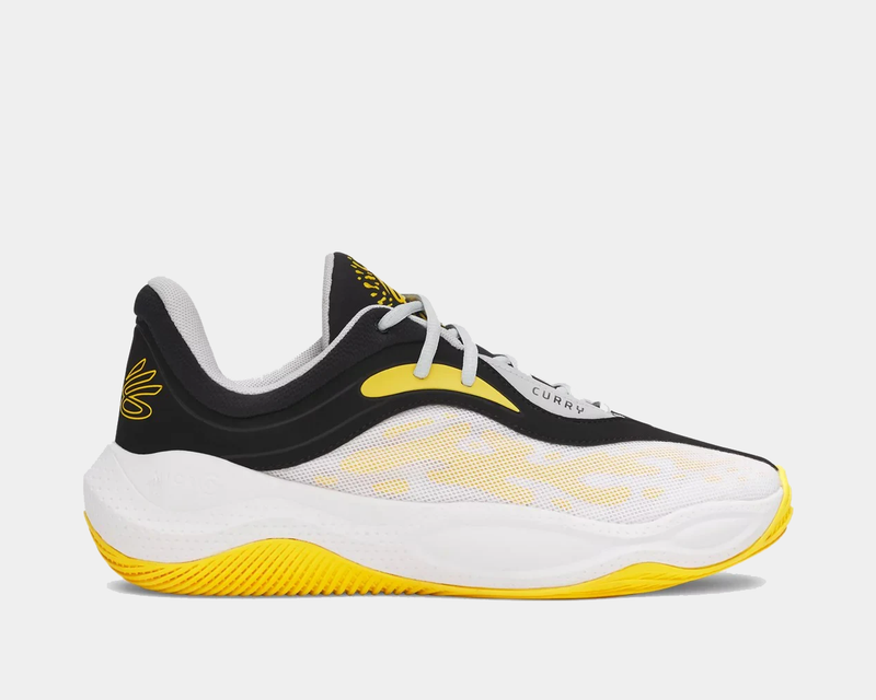 Under Armour Curry Splash 25 basketball shoes, side view with black, white, and yellow mesh upper, molded heel, and yellow outsole.