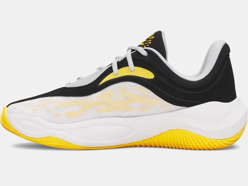 Under Armour Curry Splash 25 basketball shoes with white and yellow mesh upper, black overlays, and textured yellow outsole, side view.
