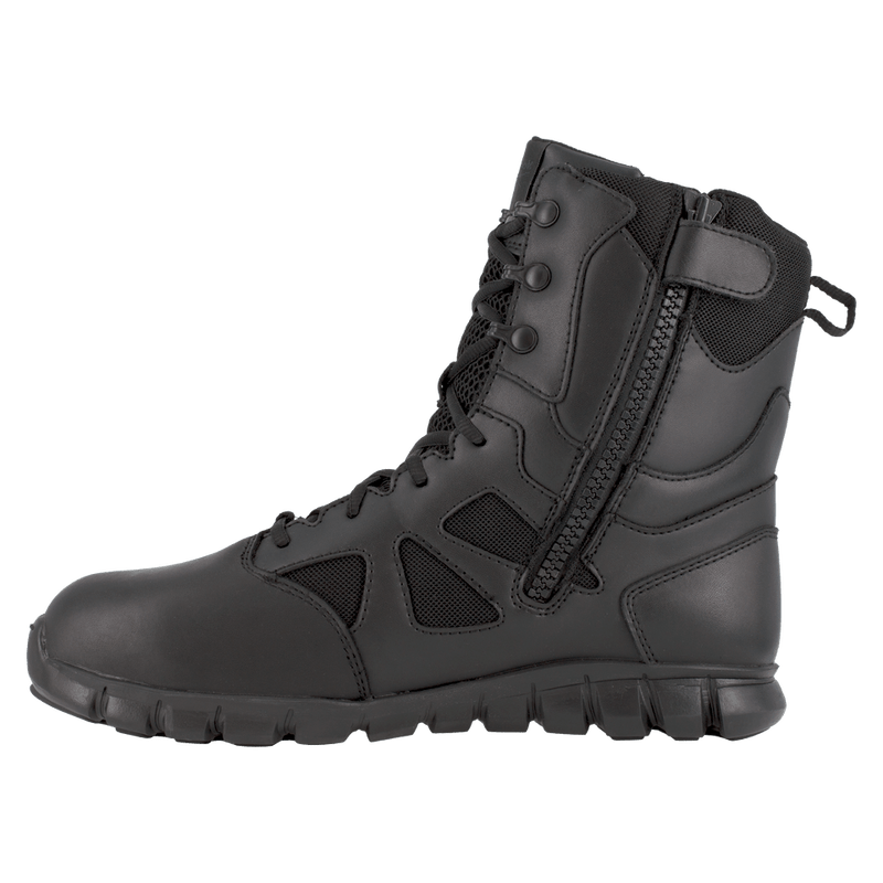Reebok Work Cushion Tactical 8" Comp Toe Waterproof Boots in black with side zipper, mesh panels, and durable sole, side view.