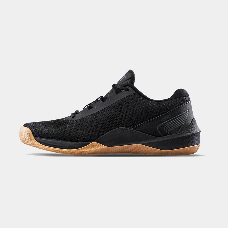 TYR CXT-2 Trainer shoes in black with a breathable mesh upper and tan rubber outsole, side view.
