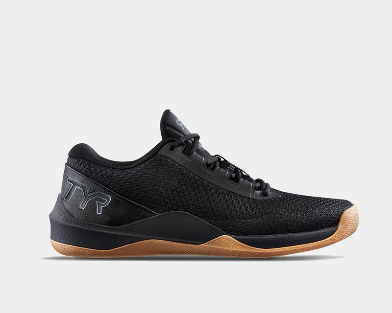TYR CXT-2 Trainer shoes in black with breathable mesh upper and gum sole, side view.