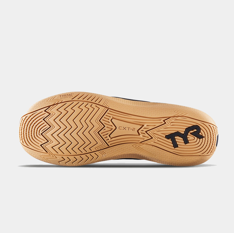 TYR CXT-2 Trainer outsole in tan featuring zigzag tread pattern and TYR branding, sole/bottom view.