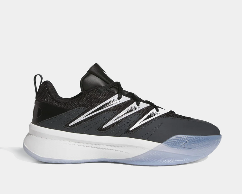 Adidas Dame Certified 3 basketball shoes in black, white, and gray with a mesh upper, synthetic overlays, and translucent outsole, side view.