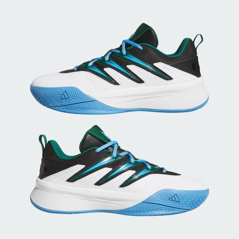 Adidas Dame Certified 3 basketball shoes in white, black, green, and blue with mesh upper, zigzag midsole, and blue outsole, side view.