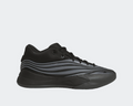 Adidas Dame X basketball shoes in black and gray with textured side stripes, side view.
