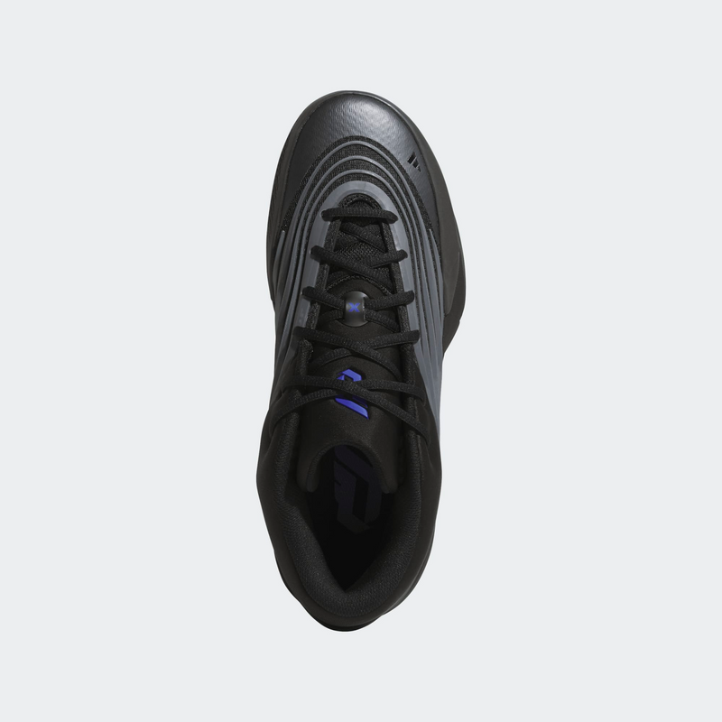 Adidas Dame X basketball shoe in black and gray with purple accents, top view showing lace system