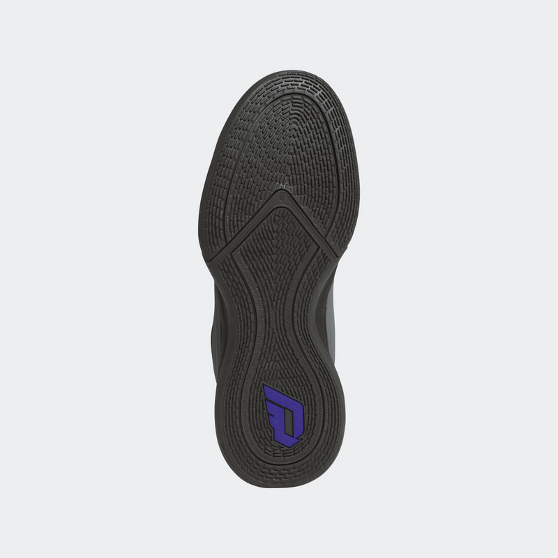 Adidas Dame X basketball shoes outsole with black rubber and purple logo, bottom view.