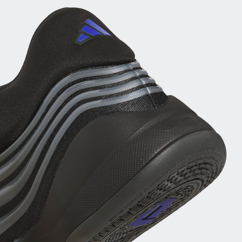 Adidas Dame X basketball shoe in black with gray stripes and blue logo, back and sole view.