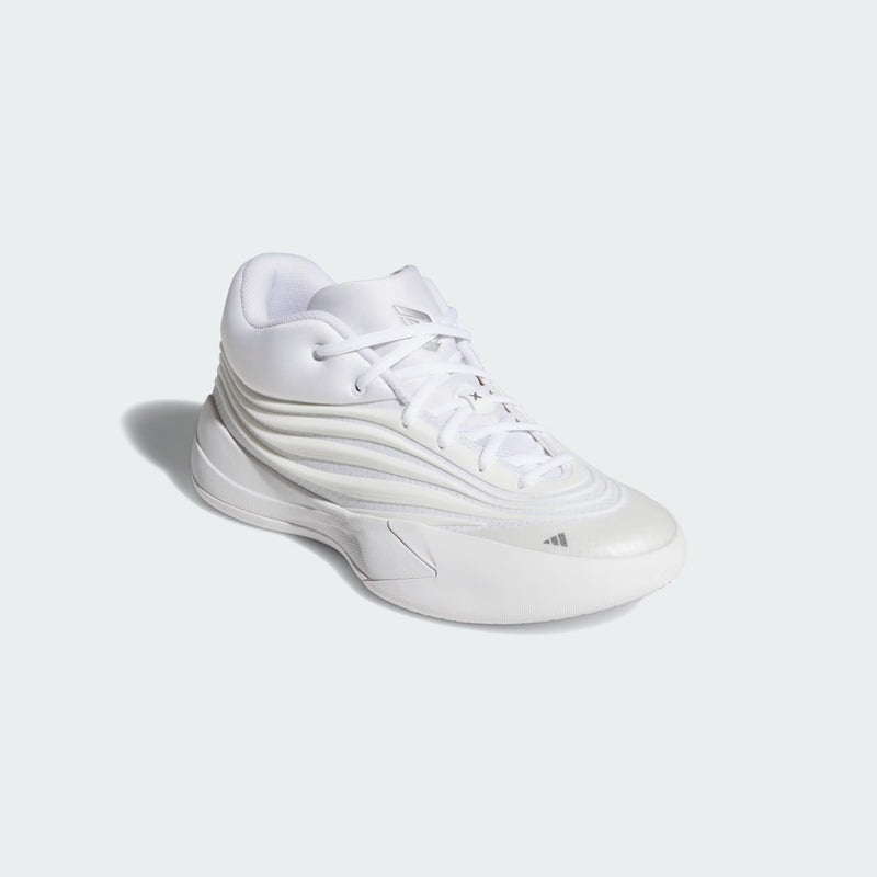 Adidas Dame X basketball shoes in white with synthetic upper and cushioned sole, front angle view.