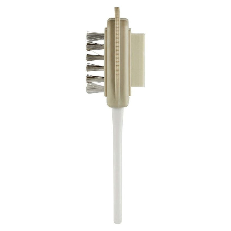 Birkenstock Deluxe Shoe Care Kit brush in beige and white with dual cleaning bristles, side view.