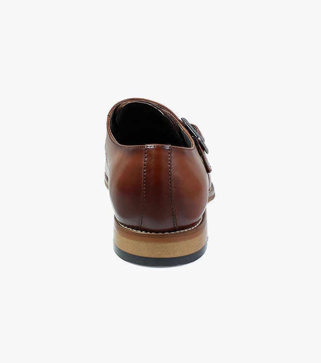 Stacy Adams Desmond Cap Toe Monk Strap shoes in brown leather with stitched detailing and tan outsole, back view showing heel.