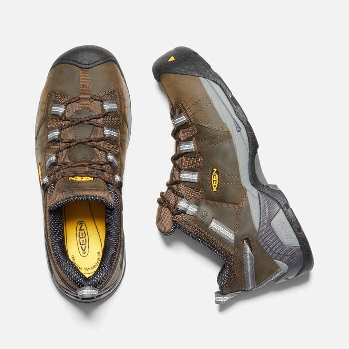 Keen Detroit XT Steel Toe ESD work boots in brown leather with gray accents and rugged rubber outsole, top view.