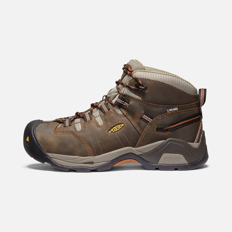 Keen Detroit XT Waterproof Boot in brown leather with multi-color laces, reinforced toe, and non-slip outsole, side view.