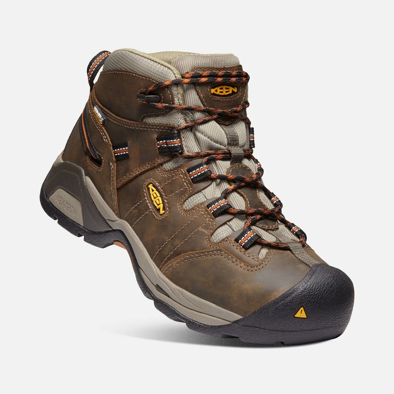 Keen Detroit XT Waterproof Boot in brown with durable leather upper, reinforced toe cap, and secure laces, front side view.