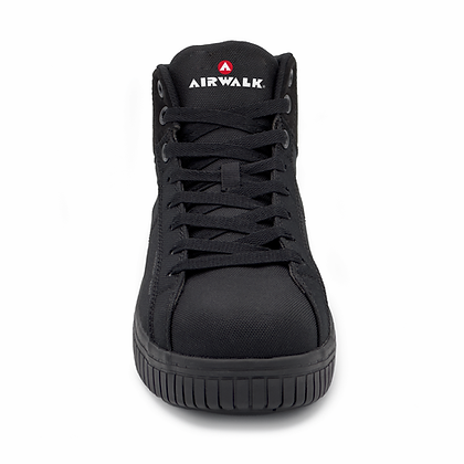 Airwalk Deuce High Top Work Sneaker, black canvas upper with front lace-up design and textured rubber sole, front view.
