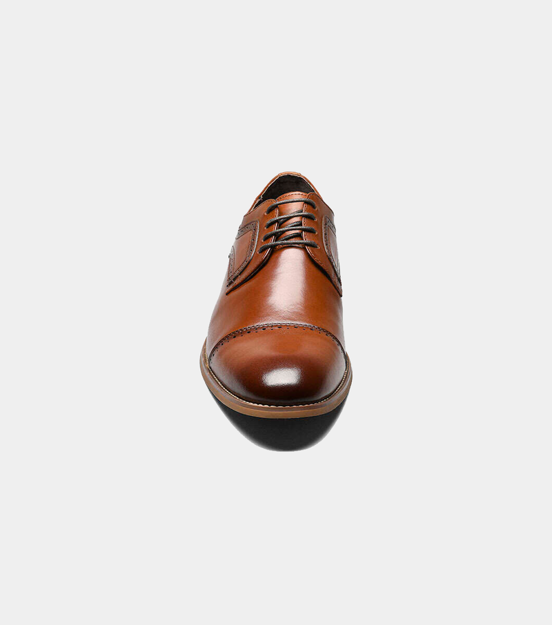 Stacy Adams Dickinson Cap Toe dress shoe in cognac brown leather with lace-up closure and cap toe detail, front view.