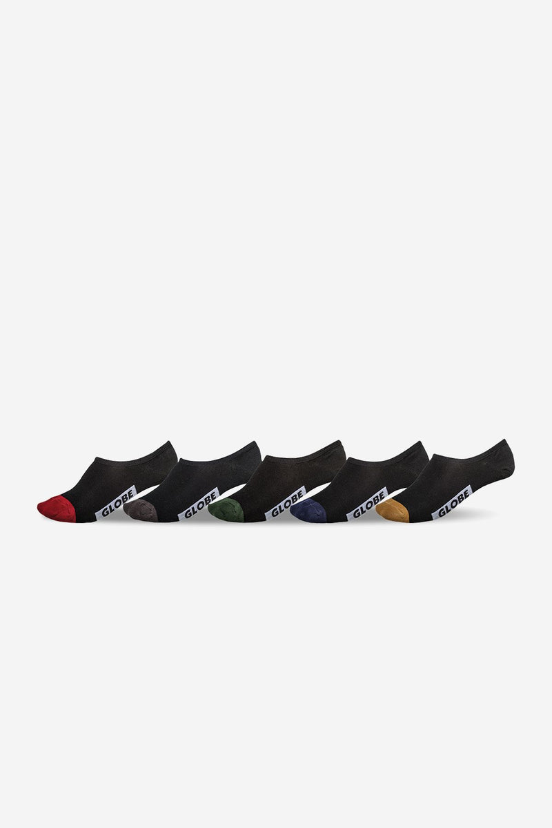 Five black Dip invisible socks with colored toe accents arranged in a row