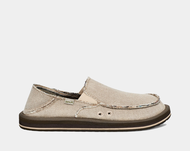 Sanuk Donny Hemp 2 Tone shoes in beige hemp fabric with frayed edges, dual-tone outsole, and relaxed loafer design, side view.