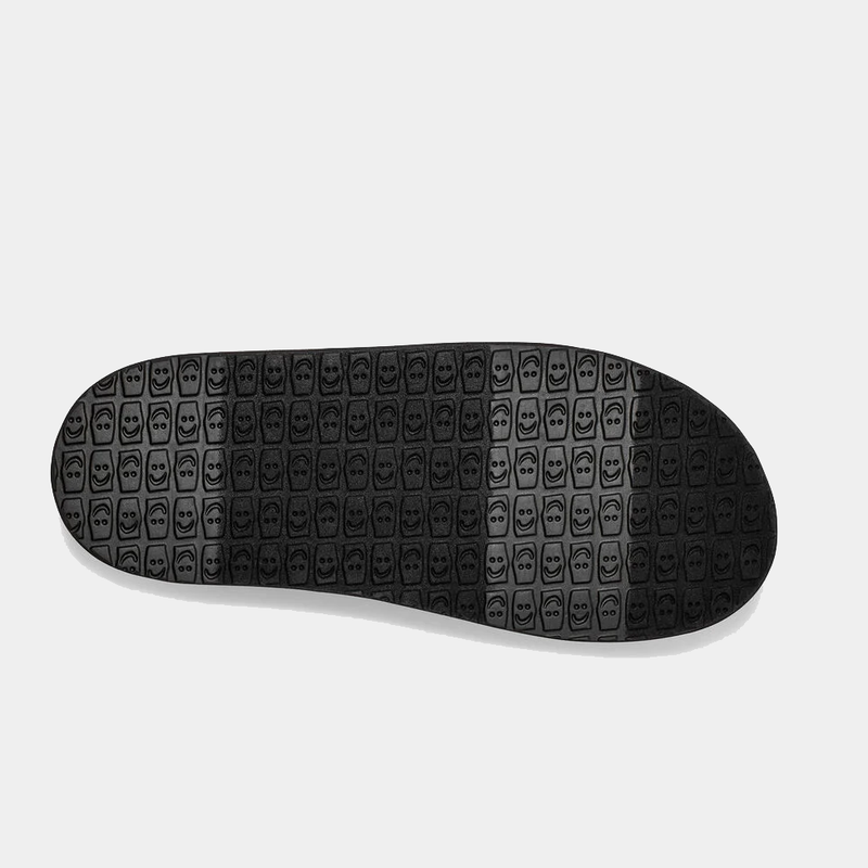 Sanuk Donny Hemp 2 Tone shoe outsole in black with textured pattern featuring smiley faces, bottom view.