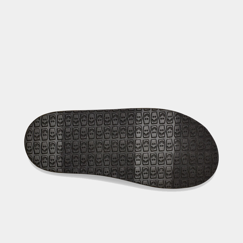 Sanuk Donny Hemp 2 Tone shoe outsole featuring textured smiley face pattern in black rubber, bottom view.