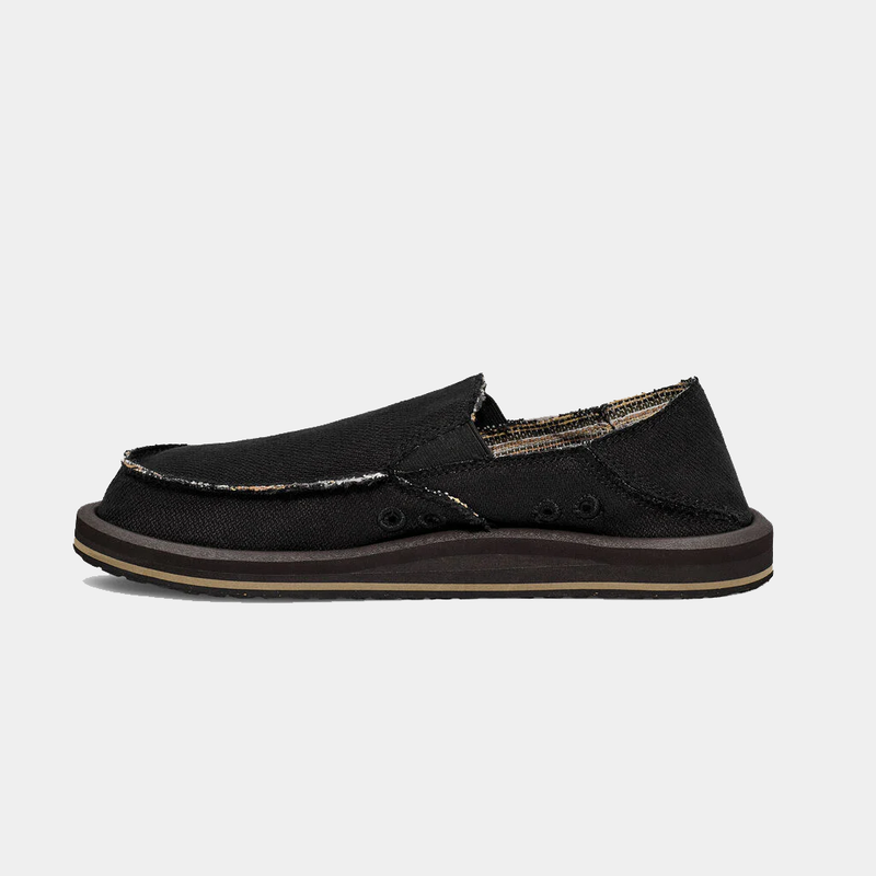 Sanuk Donny Hemp 2 Tone casual shoes in black with hemp fabric upper, contrast stitching, and cushioned sole, side view.