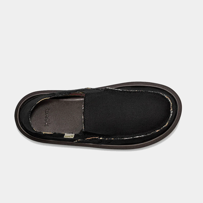 Sanuk Donny Hemp 2 Tone slip-on shoes in black with a canvas upper and frayed edges, top view.