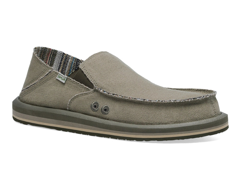 Sanuk Donny Hemp casual shoes in tan with hemp upper, striped interior lining, dual grommets, and textured outsole, side view.
