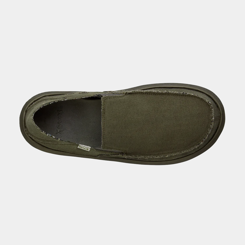 Sanuk Donny Hemp slip-on shoes in olive green with frayed edges and hemp material, top view showing cushioned footbed.