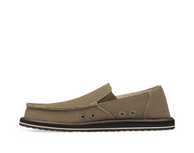 Sanuk Vagabond slip-on shoes in brown canvas with frayed edges and dual elastic side panels, side profile view.