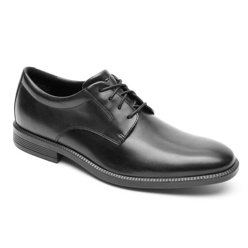 Rockport Dressports Premium Waterproof Oxford shoes in black leather with lace-up closure and textured sole, angled side view.