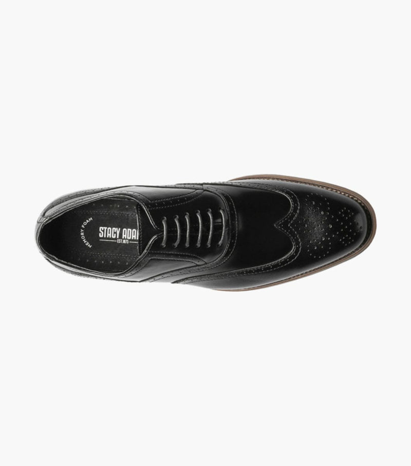 Stacy Adams Dunbar Wingtip Oxford dress shoe top view in black leather with brogue detailing and brown sole.
