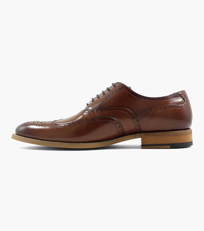 Stacy Adams Dunbar Wingtip Oxford dress shoes in rich brown leather with brogue details and stacked heel, side view.