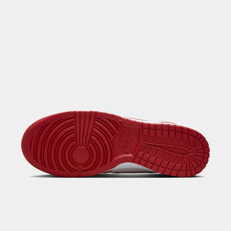 Nike Dunk High Retro SE shoes showing outsole in red with circular tread pattern and Nike branding