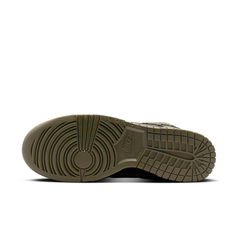 Nike Dunk Low Retro sneakers outsole in olive green rubber with circular traction pattern and textured grooves, bottom view.