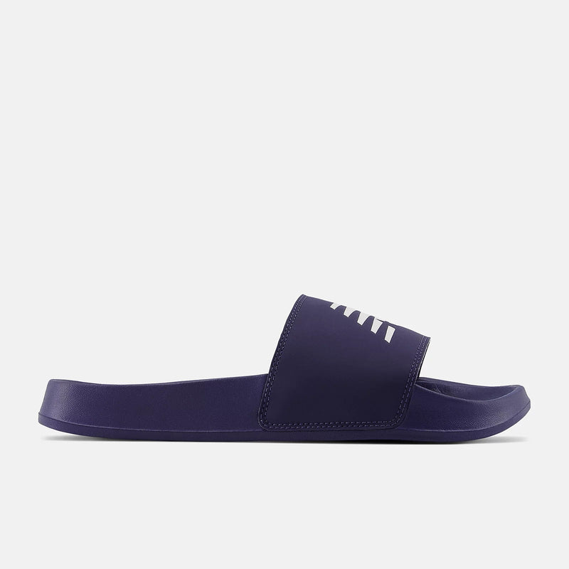 New Balance DynaSoft 200v2 slides in dark purple with silver accents, cushioned sole and adjustable strap, side view.