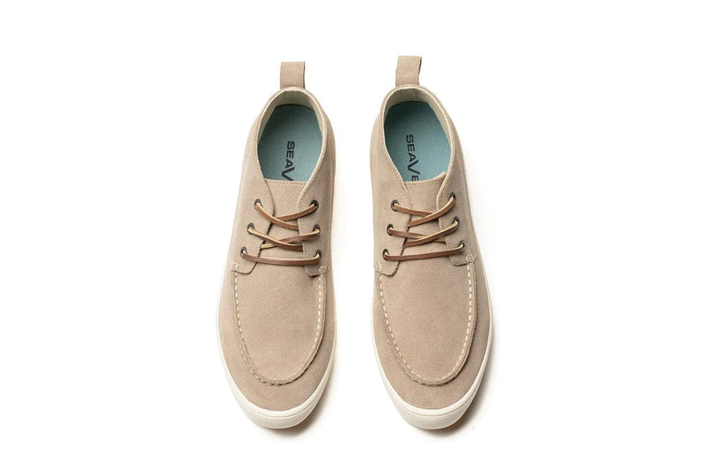 SeaVees El Cap Camp Moc shoes in tan suede with white soles, stitching details, and leather laces, top view.