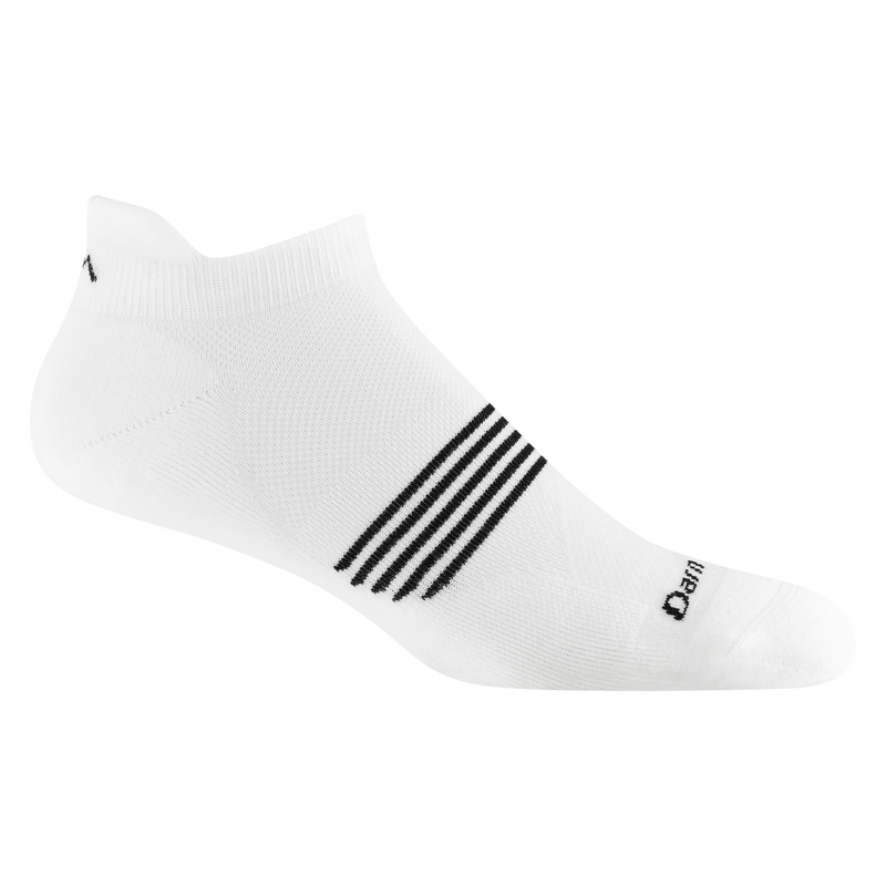 Darn Tough Element No Show Tab Lightweight Running Sock in white with black stripe accents and durable knit construction, side view.