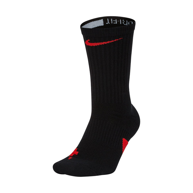 Nike Elite Crew socks in black with red Swoosh logo and reinforced cushioning, side view showing ribbed fabric and arch support.
