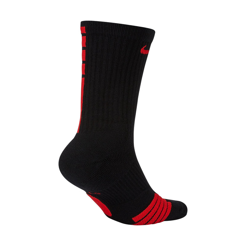 Nike Elite Crew socks in black with red accents, ribbed design, and reinforced heel and toe, side view.