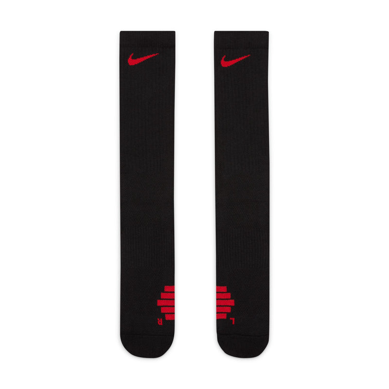 Nike Elite Crew socks in black with red Swoosh logo and marked "R" and "L" for left and right fit, top view.