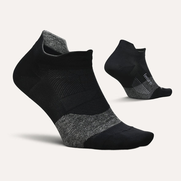 Feetures Elite Ultra Light No Show Tab socks in black and gray with anatomical design and seamless toe, side view.