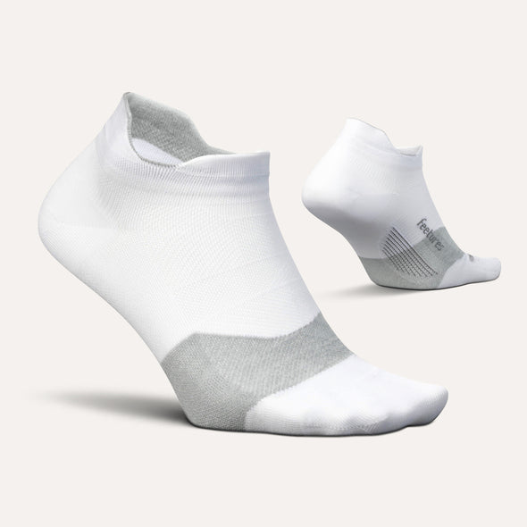 Feetures Elite Ultra Light No Show Tab socks in white and gray, featuring a seamless toe and targeted compression.