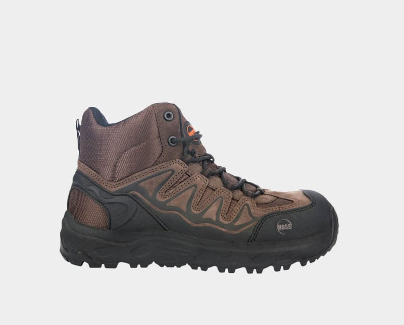 Hoss Eric Hi Safety Toe work boots in brown with black outsole, protective toe cap, and durable leather and mesh upper, side view.
