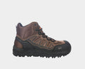 Hoss Eric Hi Safety Toe work boots in brown with black outsole, protective toe cap, and durable leather and mesh upper, side view.