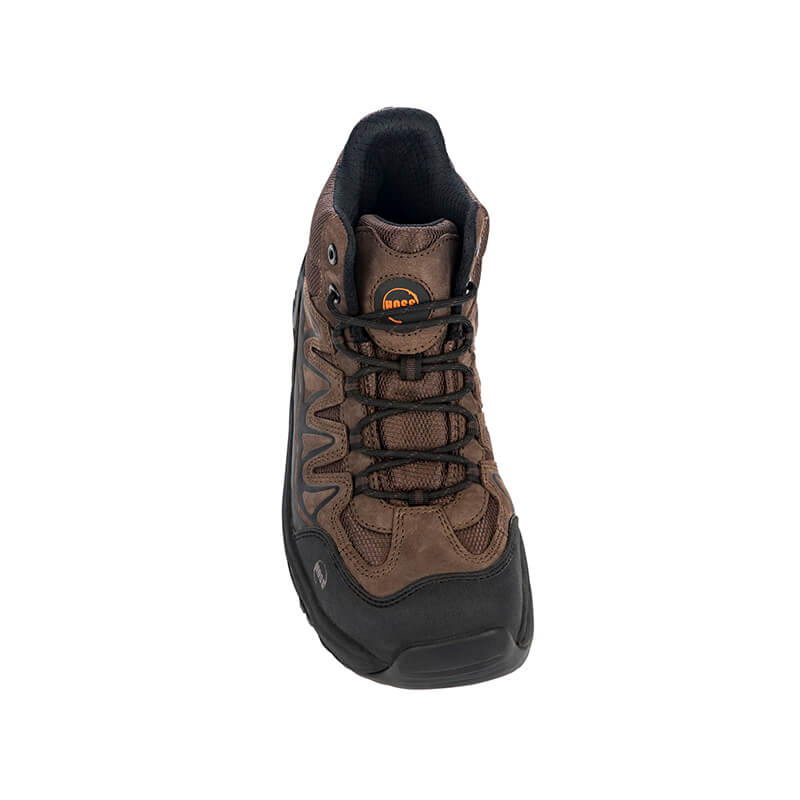 Hoss Eric Hi Safety Toe work boot in brown leather with black protective toe cap and lace-up design, front view.