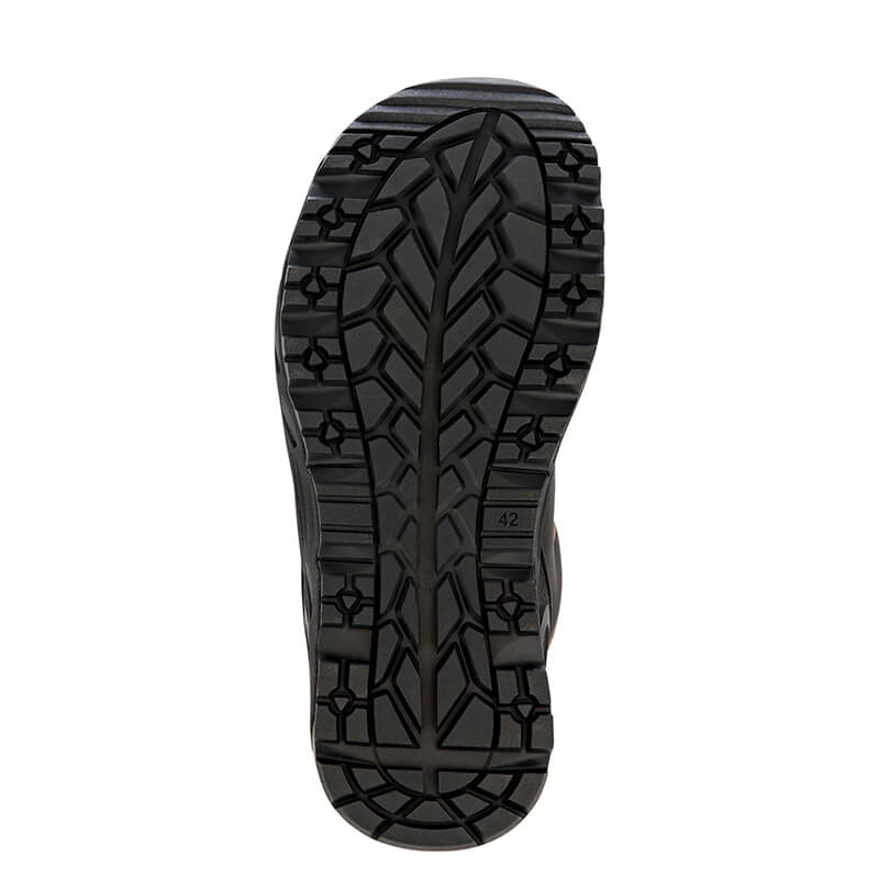 Hoss Eric Hi Safety Toe work boots outsole in black showing slip-resistant tread pattern and durable rubber material, sole/bottom view.