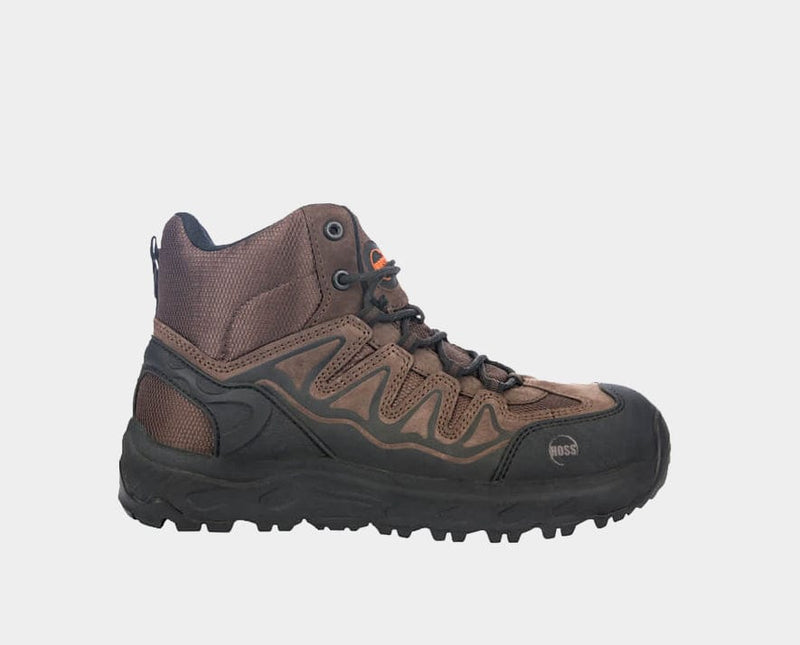 Hoss Eric Hi Soft Toe boots in brown with a durable mesh and leather upper, reinforced toe cap, rugged outsole, and lace-up design, side view.