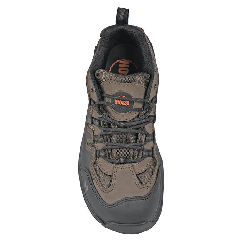 Hoss Eric Lo Aluminum Safety Toe work shoes in gray and brown with durable leather and mesh upper, top view showing lace-up design