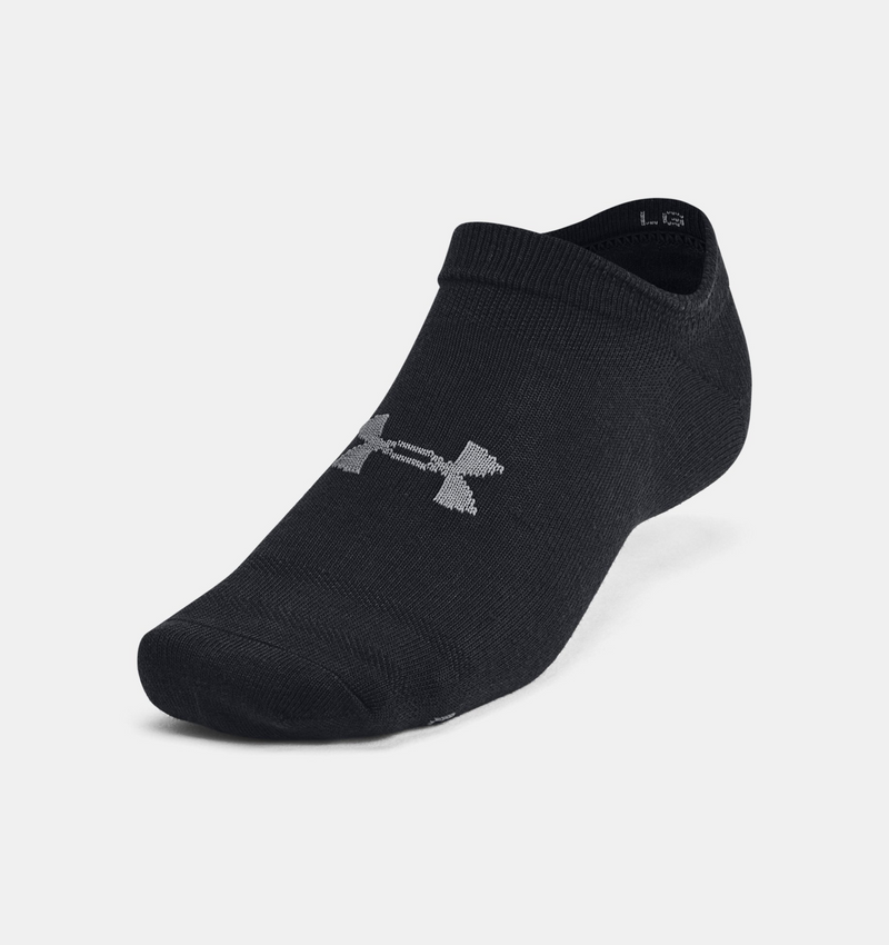 Under Armour Essential Cushioned No Show Socks 6-Pack, black with gray logo and reinforced toe and heel, angled side view.