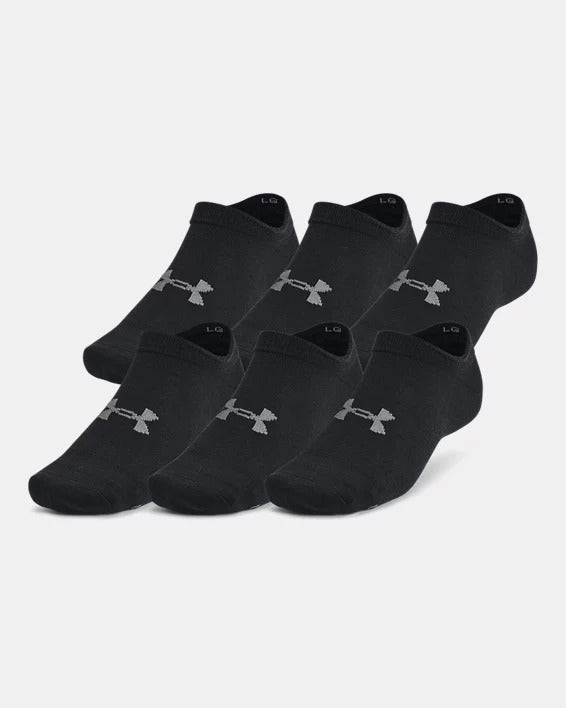 Under Armour Essential Cushioned No Show Socks 6-Pack, black with gray logo, soft fabric, and no-show design, front view.